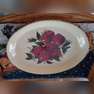 Charming Cream Ceramic Platter with Red Apple Design